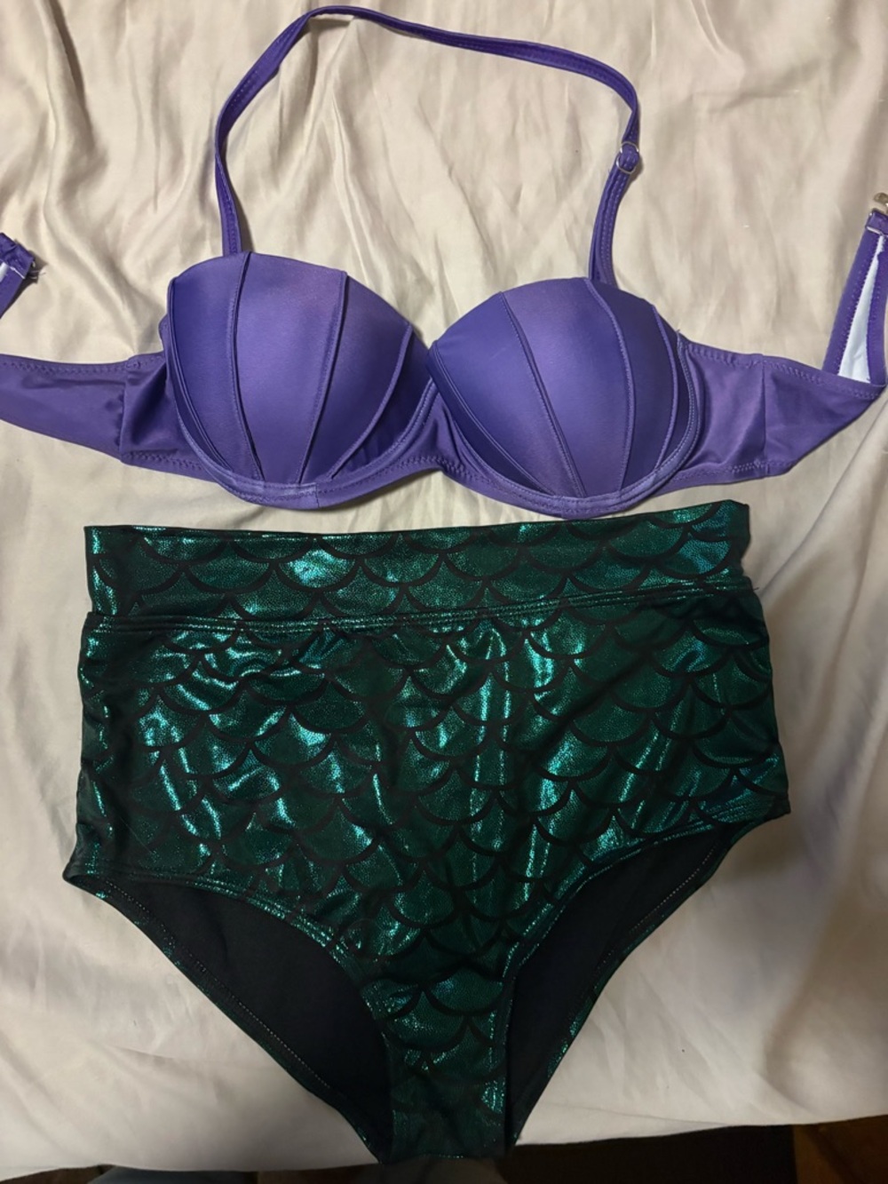 Purple Seashell Bikini Top with Emerald Green Mermaid High-Waist Bottoms